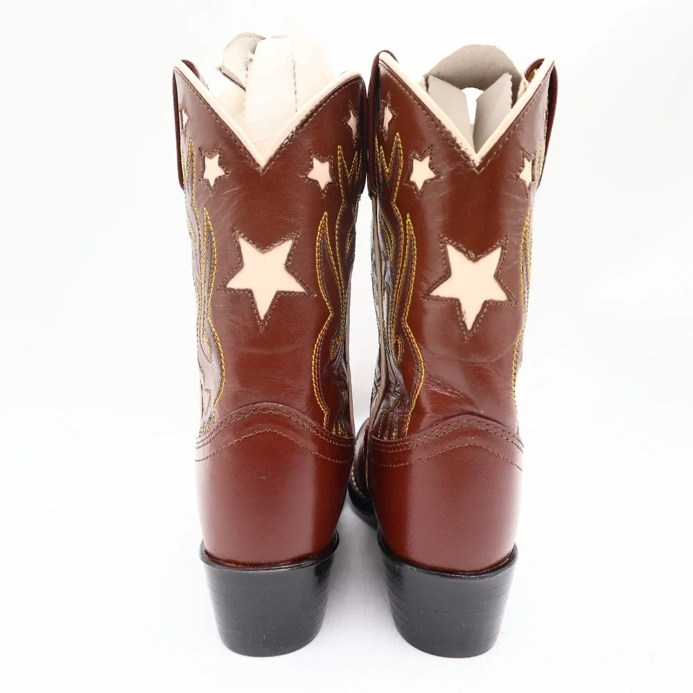 Acme Vintage Style Western Boots Kids 3 Brown Leather NWT AC146 Star Inlay